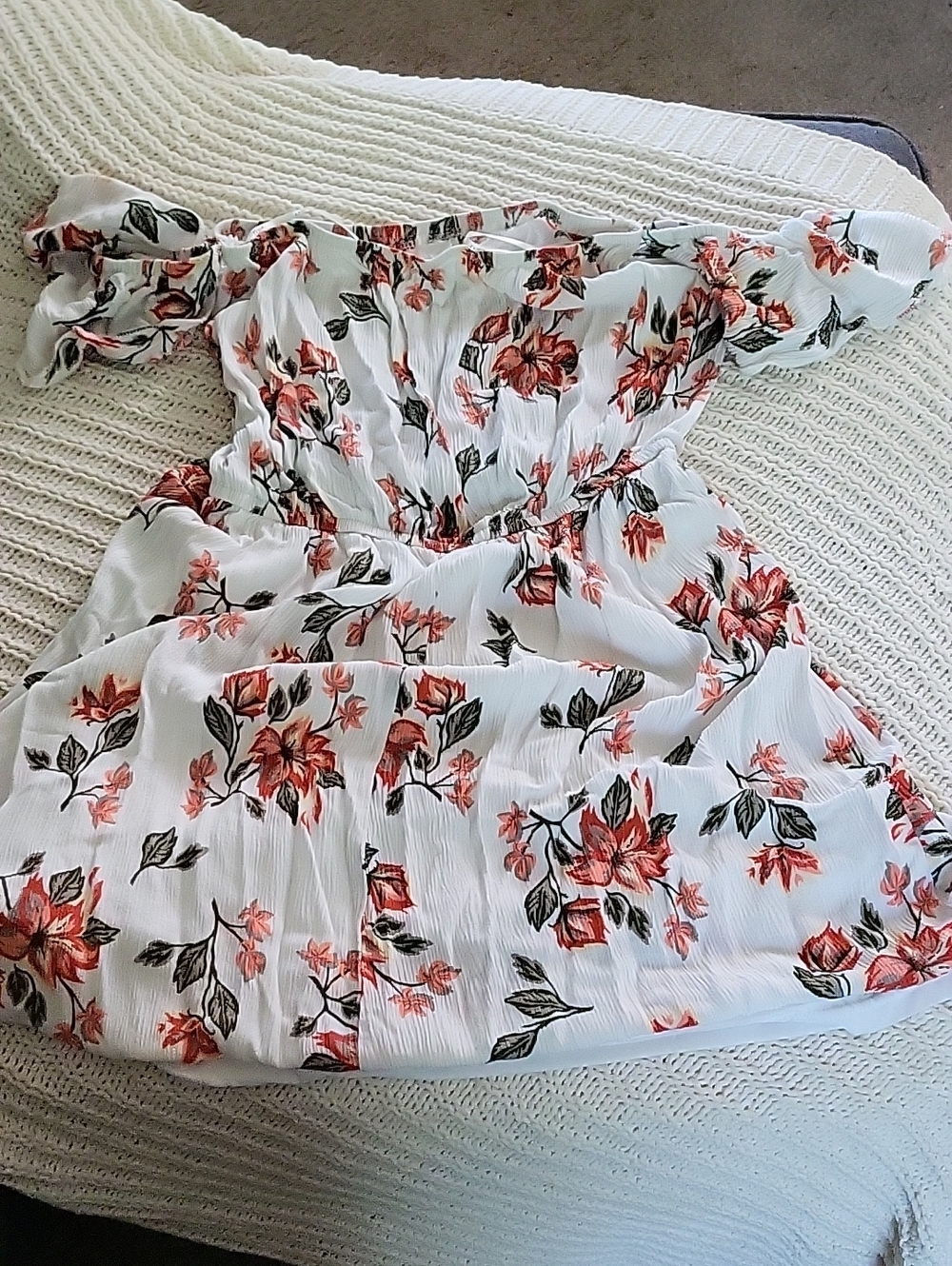 White Off-Shoulder Floral Dress with Coral Blooms